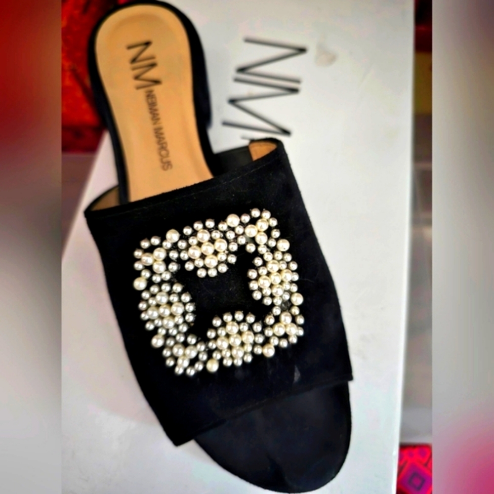 NEIMAN MARCUS black sude slides with perl accents,(7.5), used .